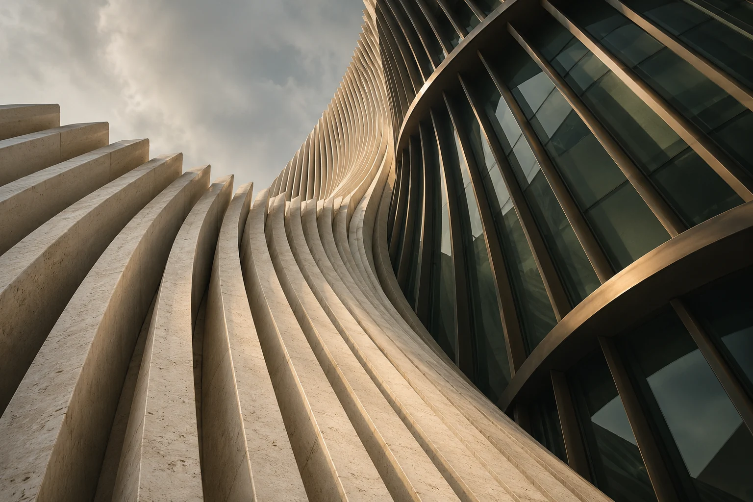 Contrasting architectural forms meeting in a shared upward perspective